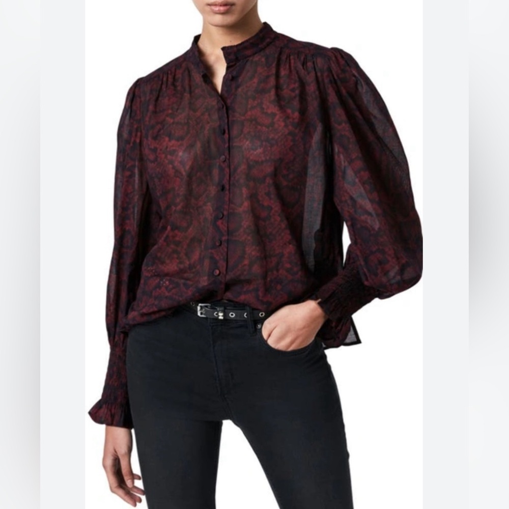 ALLSAINTS Leonie Stanza Shirt in Burgundy Red Python Sheer Print US Size 6 - Picture 16 of 17